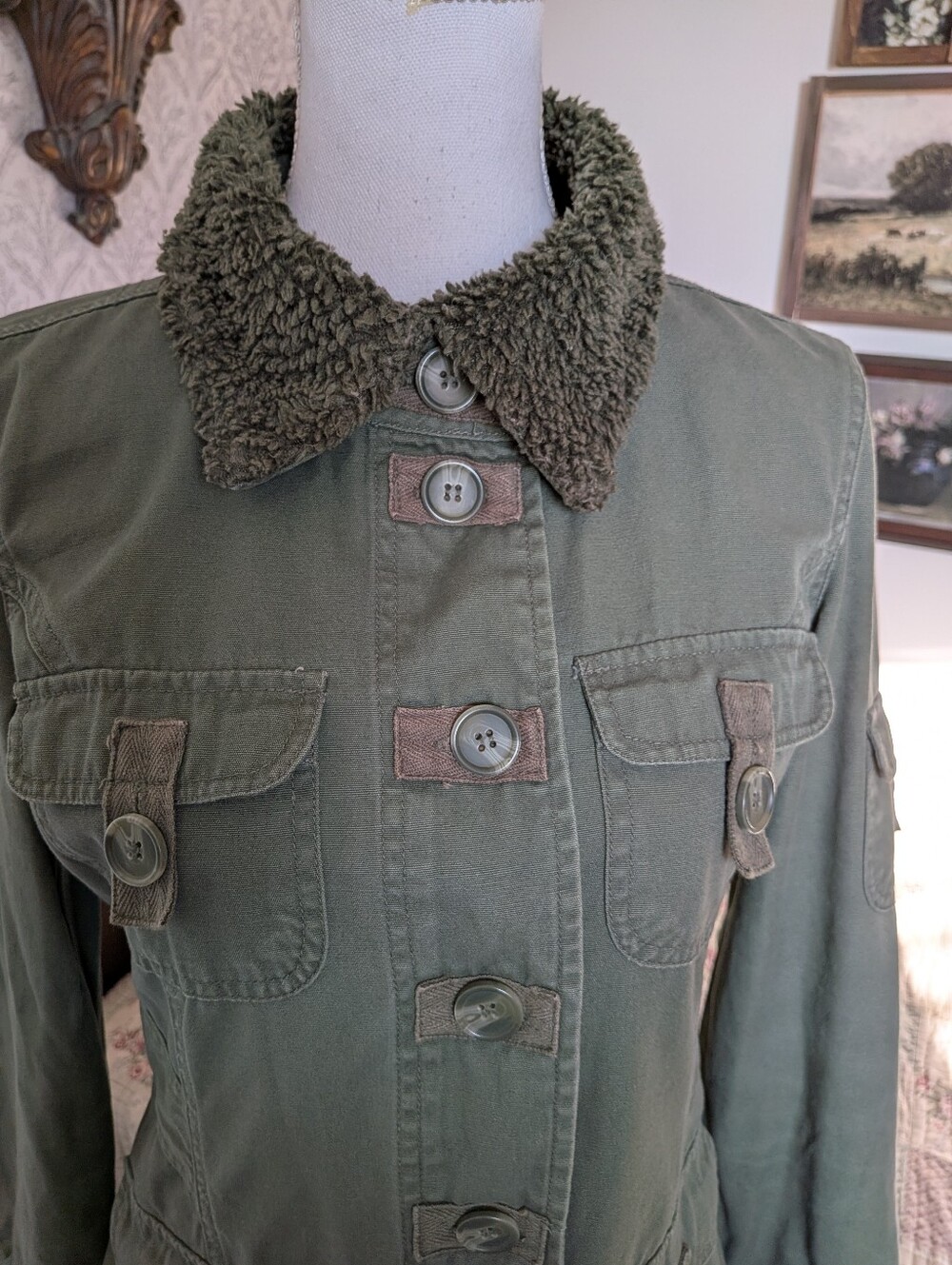 Tulle Y2K Olive Utility Jacket Sherpa Collar Military Cargo Coat L - Picture 5 of 11